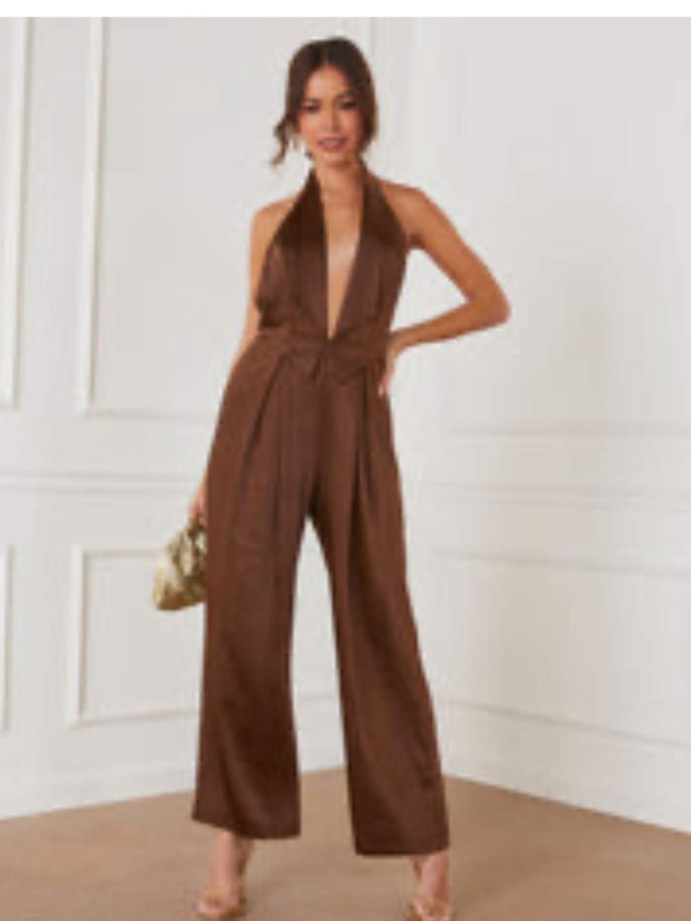 Brown Halter Wide-Leg Satin Jumpsuit